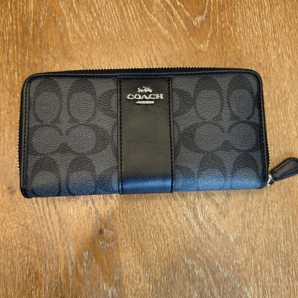 Coach Zip Around Charcoal Wallet - Picture 2 of 9